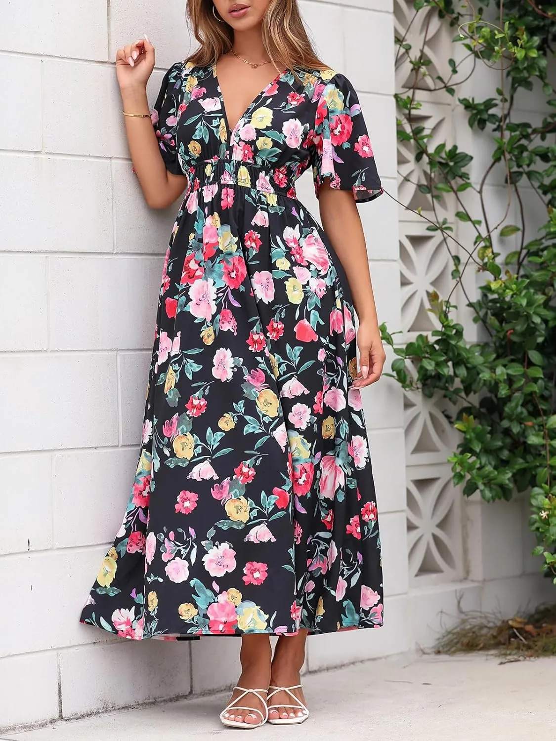 Womens V Neck Flutter Sleeve Boho Midi Dress Summer Wedding Guest Beach Party Long Dresses