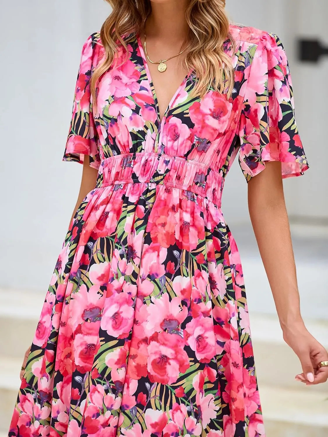 Womens V Neck Flutter Sleeve Boho Midi Dress Summer Wedding Guest Beach Party Long Dresses