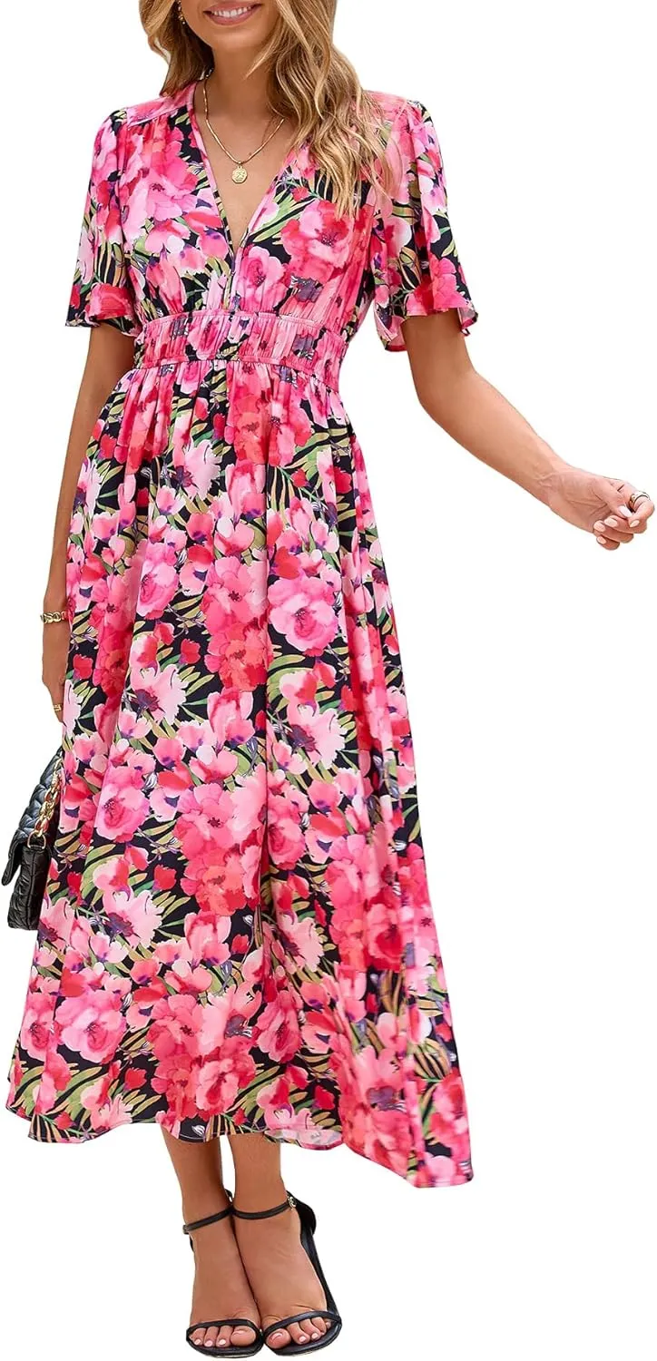 Womens V Neck Flutter Sleeve Boho Midi Dress Summer Wedding Guest Beach Party Long Dresses