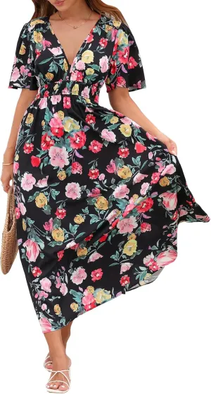 Womens V Neck Flutter Sleeve Boho Midi Dress Summer Wedding Guest Beach Party Long Dresses