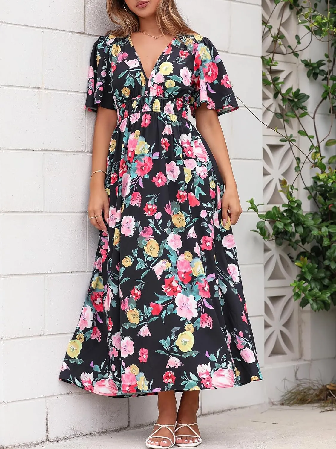 Womens V Neck Flutter Sleeve Boho Midi Dress Summer Wedding Guest Beach Party Long Dresses