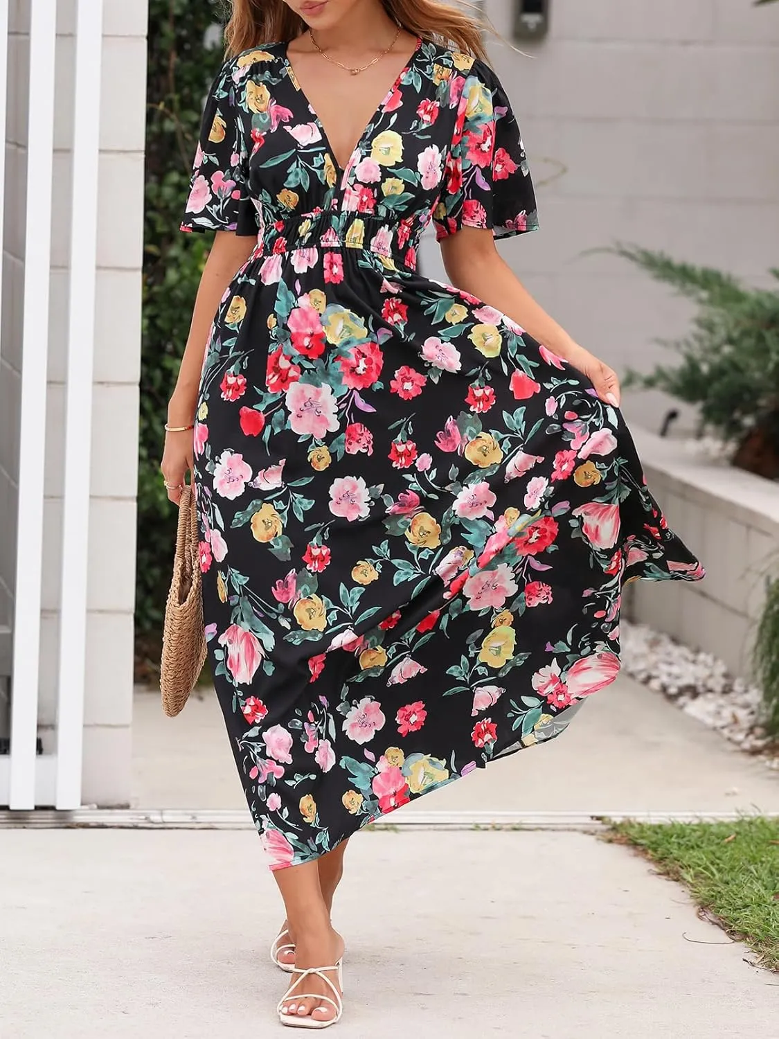 Womens V Neck Flutter Sleeve Boho Midi Dress Summer Wedding Guest Beach Party Long Dresses
