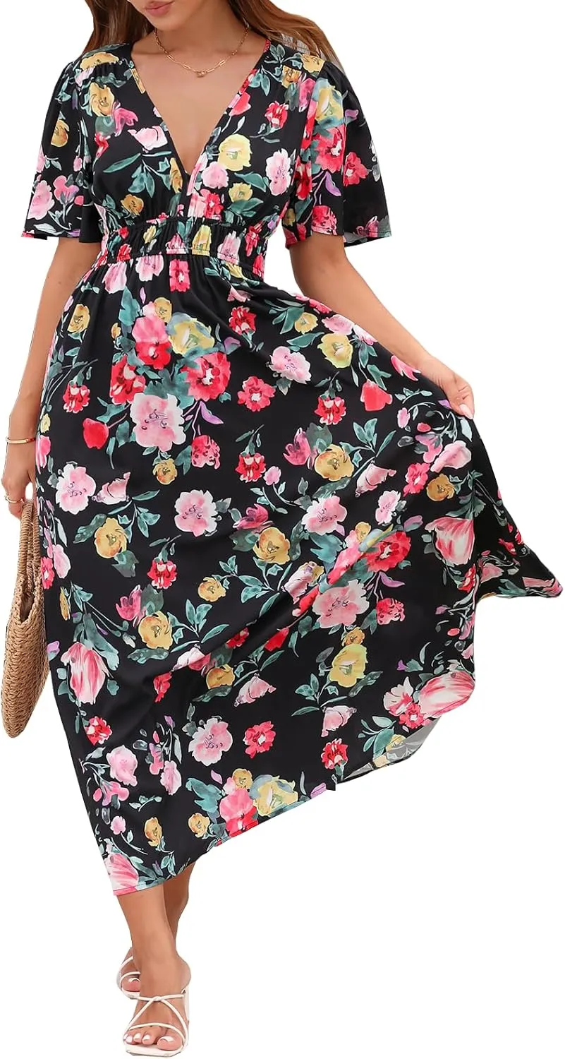 Womens V Neck Flutter Sleeve Boho Midi Dress Summer Wedding Guest Beach Party Long Dresses