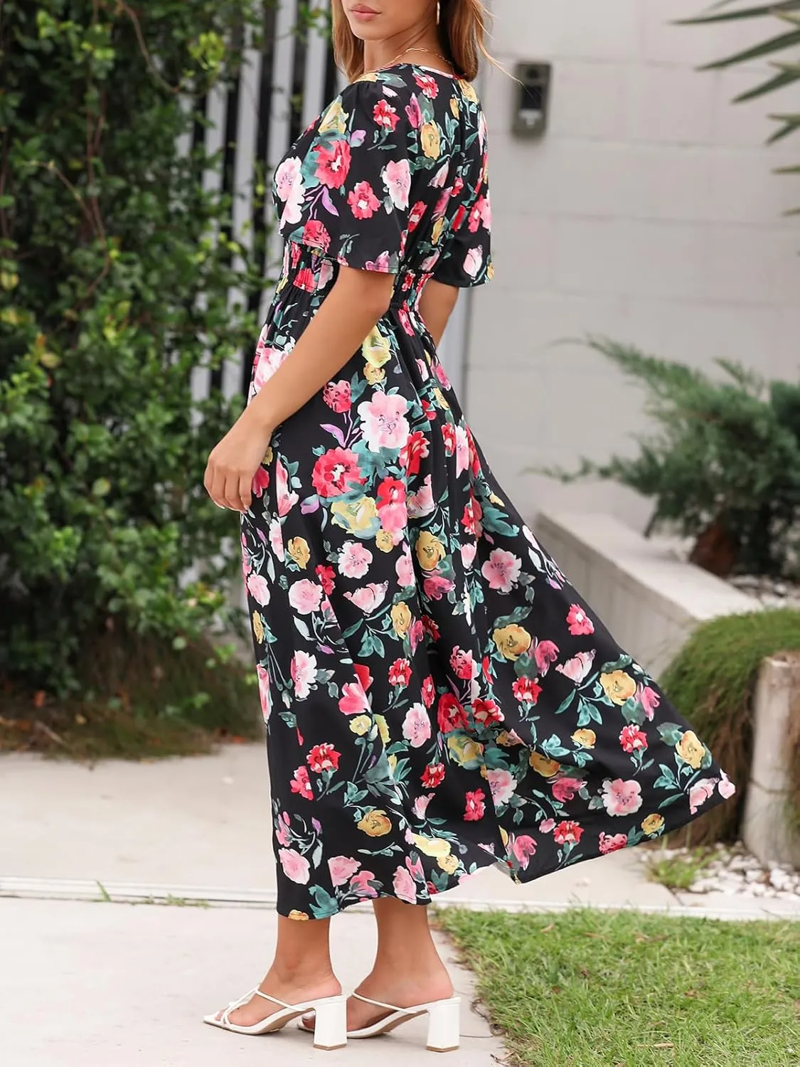 Womens V Neck Flutter Sleeve Boho Midi Dress Summer Wedding Guest Beach Party Long Dresses