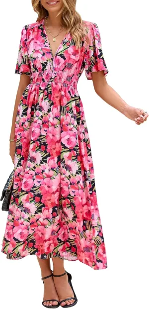 Womens V Neck Flutter Sleeve Boho Midi Dress Summer Wedding Guest Beach Party Long Dresses