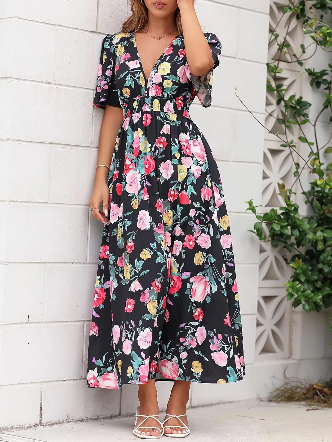 Womens V Neck Flutter Sleeve Boho Midi Dress Summer Wedding Guest Beach Party Long Dresses