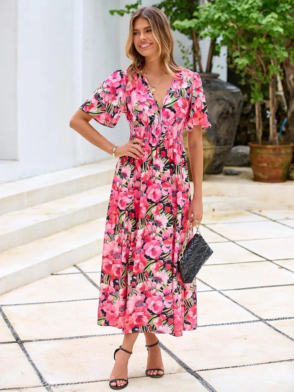 Womens V Neck Flutter Sleeve Boho Midi Dress Summer Wedding Guest Beach Party Long Dresses
