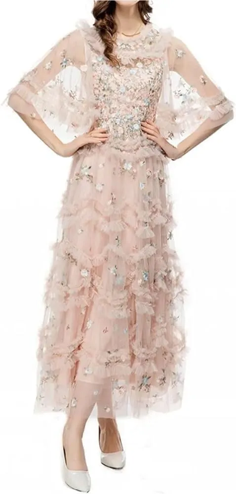 Women's Vintage Lace Dress High Waist Round Neck Embroidery Cascading Ruffle Midi Dress