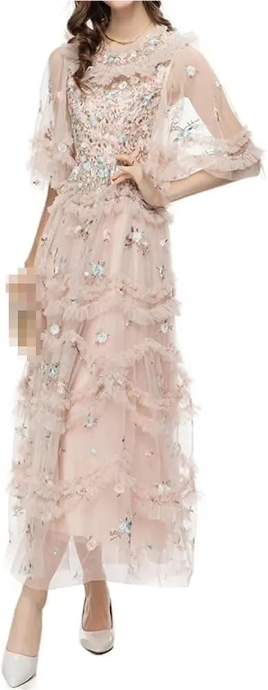 Women's Vintage Lace Dress High Waist Round Neck Embroidery Cascading Ruffle Midi Dress