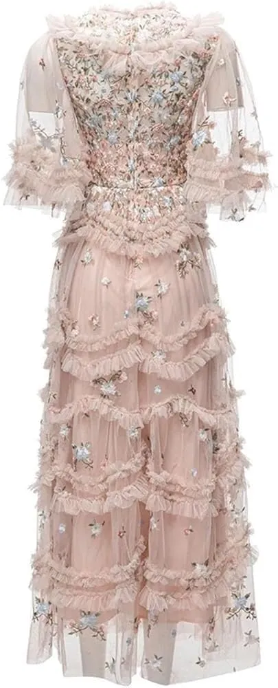 Women's Vintage Lace Dress High Waist Round Neck Embroidery Cascading Ruffle Midi Dress