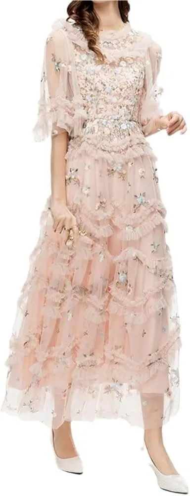 Women's Vintage Lace Dress High Waist Round Neck Embroidery Cascading Ruffle Midi Dress