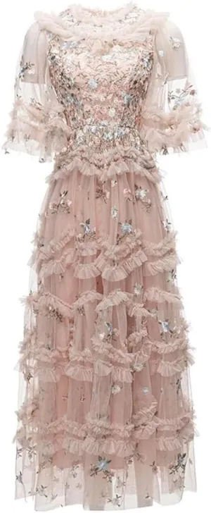 Women's Vintage Lace Dress High Waist Round Neck Embroidery Cascading Ruffle Midi Dress