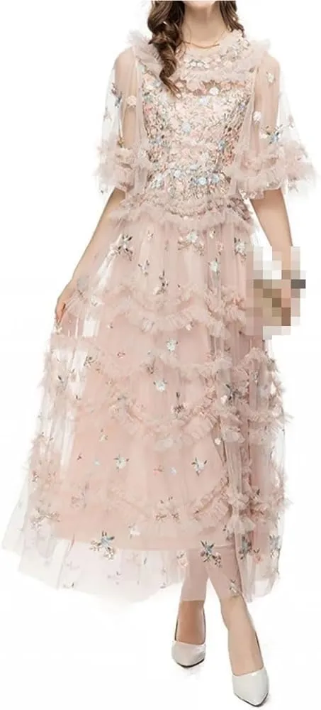 Women's Vintage Lace Dress High Waist Round Neck Embroidery Cascading Ruffle Midi Dress