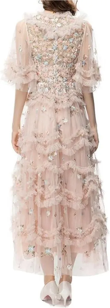Women's Vintage Lace Dress High Waist Round Neck Embroidery Cascading Ruffle Midi Dress