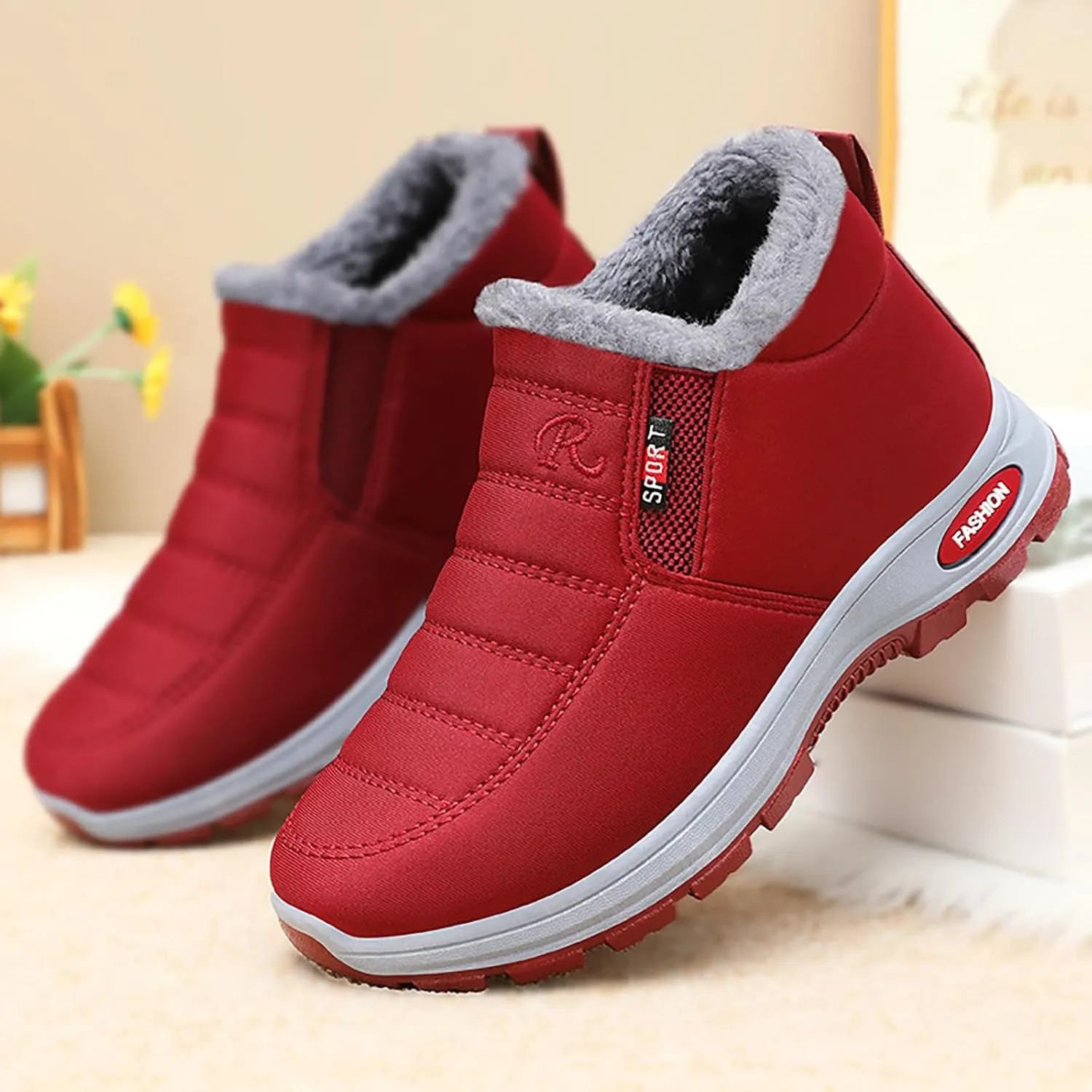 Women's Warm Sheepskin-Lined Boots, Winter Waterproof Comfortable Snow Booties, Fur Lined Anti-Slip Ankle Booties