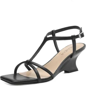 Women's Wedge Sandals Strappy Heels for Women Comfort Wedges Ankle Strap Square Open Toe Heel Evening Wedding Dress Shoes