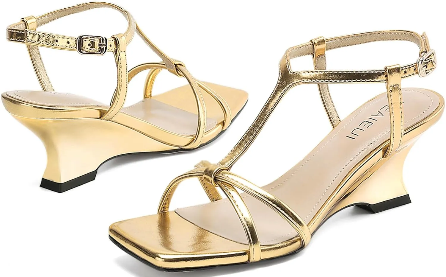 Women's Wedge Sandals Strappy Heels for Women Comfort Wedges Ankle Strap Square Open Toe Heel Evening Wedding Dress Shoes