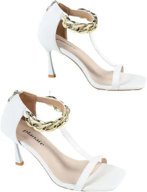 Womens White Strappy T-Bar High Heel Sandals with Metal Chain Ankle Strap Back Zip Elegant Open Toe Heels for Women Chic Party & Evening Shoes