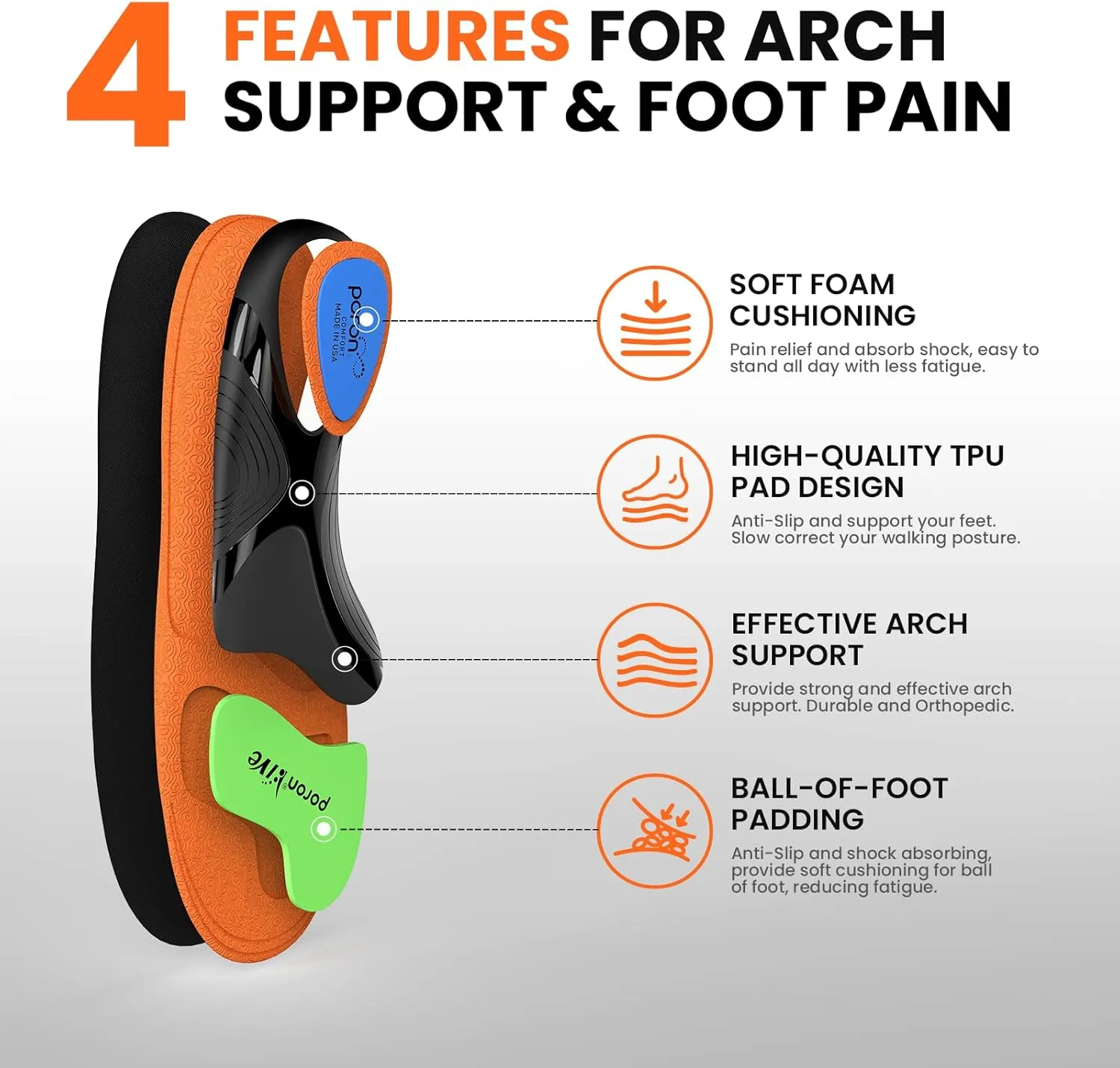 Work Boot Insoles Plantar Fasciitis - Welnove Heavy Duty Inserts for Pain Fatigue Relief, Standing All Day - High Arch Support Shoe Insoles Orthotic for Flat Feet, Achilles Tendonitis, Men Women (L)
