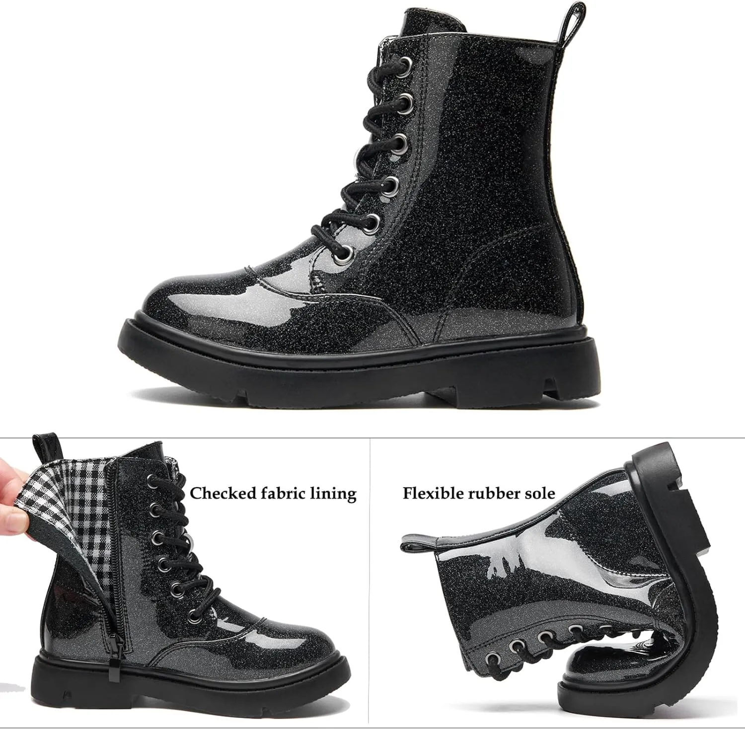 WUIWUIYU Boys Girls Boots Glitter Mid-calf Ankle Boots Lace-up High-Top Combat Boot with Side Zipper (Toddler/Little Kid/Big Kid)