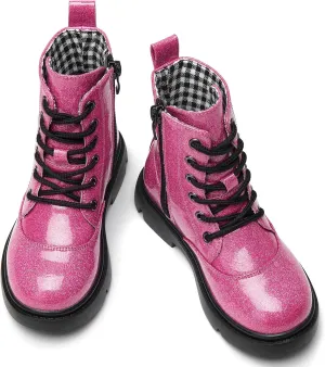 WUIWUIYU Boys Girls Boots Glitter Mid-calf Ankle Boots Lace-up High-Top Combat Boot with Side Zipper (Toddler/Little Kid/Big Kid)