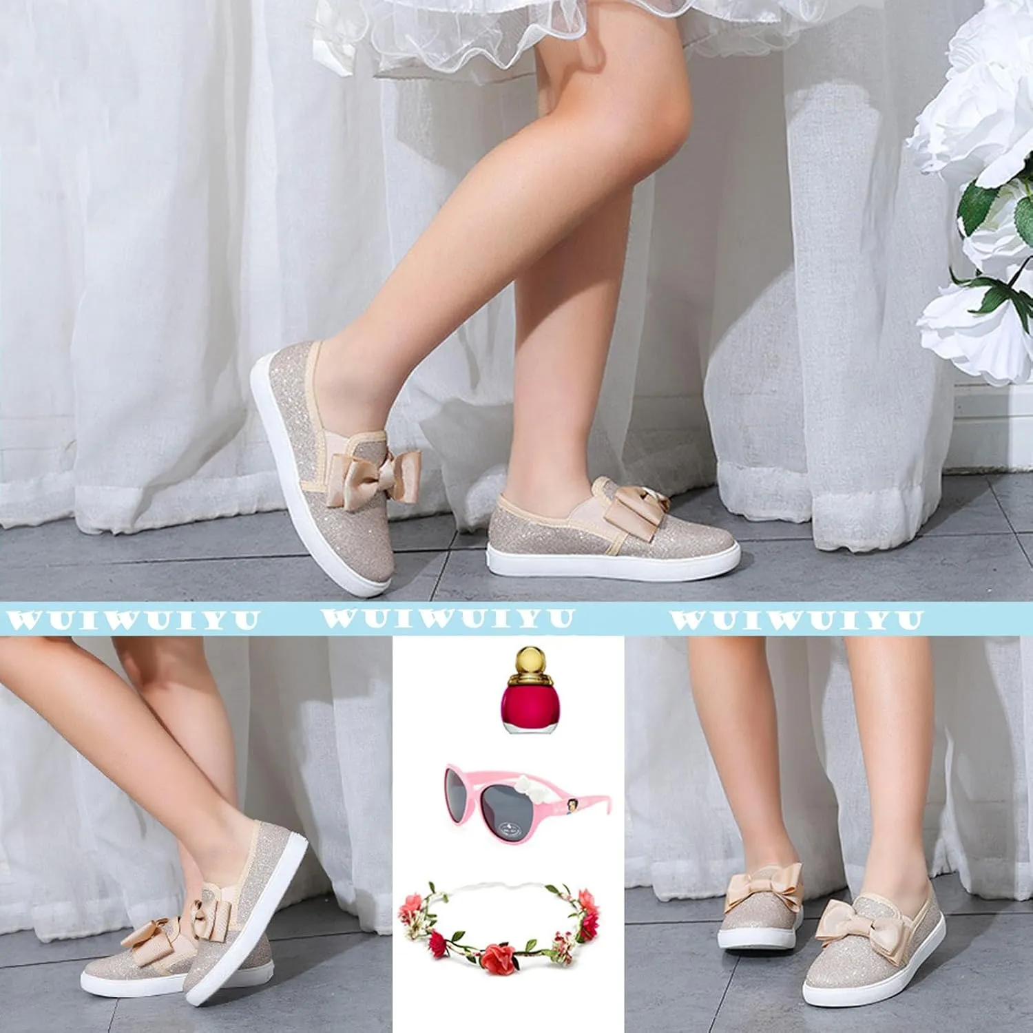 WUIWUIYU Girls Toddlers School Uniform Shoes Loafers Sneakers Slip on Bow Sparkly Walking Casual Glitter Shoe Flats