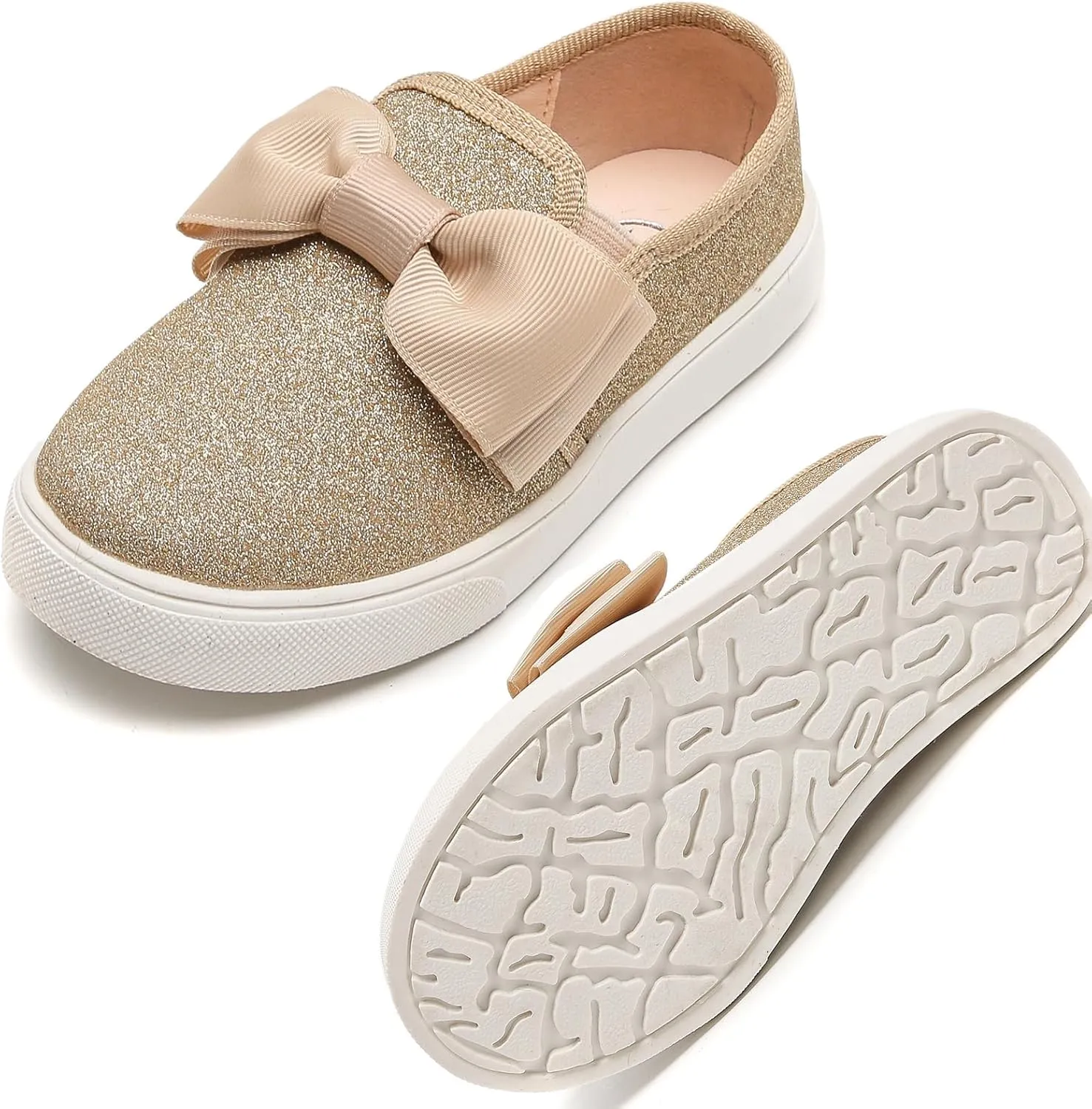 WUIWUIYU Girls Toddlers School Uniform Shoes Loafers Sneakers Slip on Bow Sparkly Walking Casual Glitter Shoe Flats