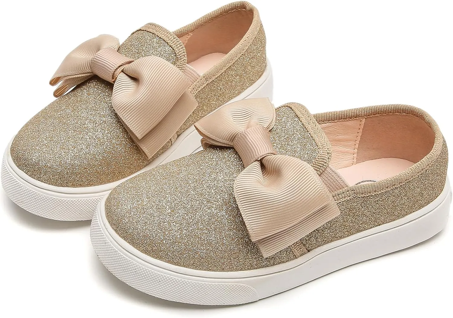 WUIWUIYU Girls Toddlers School Uniform Shoes Loafers Sneakers Slip on Bow Sparkly Walking Casual Glitter Shoe Flats
