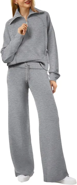 XIEERDUO Lounge Sets For Women 2024 Half Zip Sweatshirt And Wide Leg Sweatpant 2 Piece Outfits Sweatsuit Tracksuit