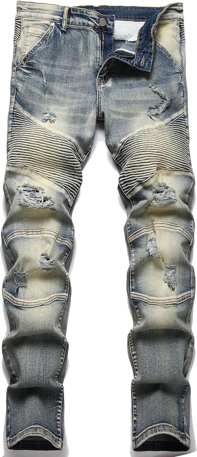 XIMXIMMTIAN Men's Biker Moto Washed Distressed Slim Fit Straight Jeans Denim…