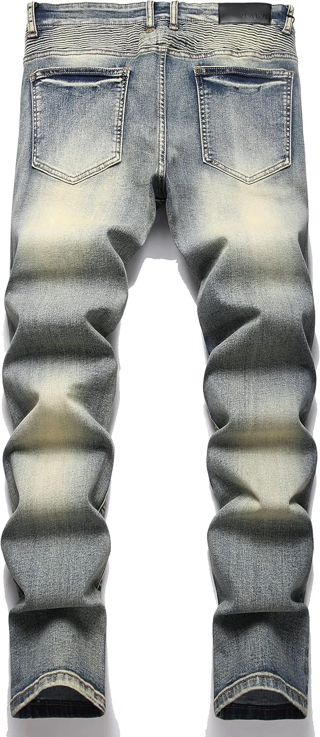 XIMXIMMTIAN Men's Biker Moto Washed Distressed Slim Fit Straight Jeans Denim…