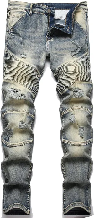XIMXIMMTIAN Men's Biker Moto Washed Distressed Slim Fit Straight Jeans Denim…