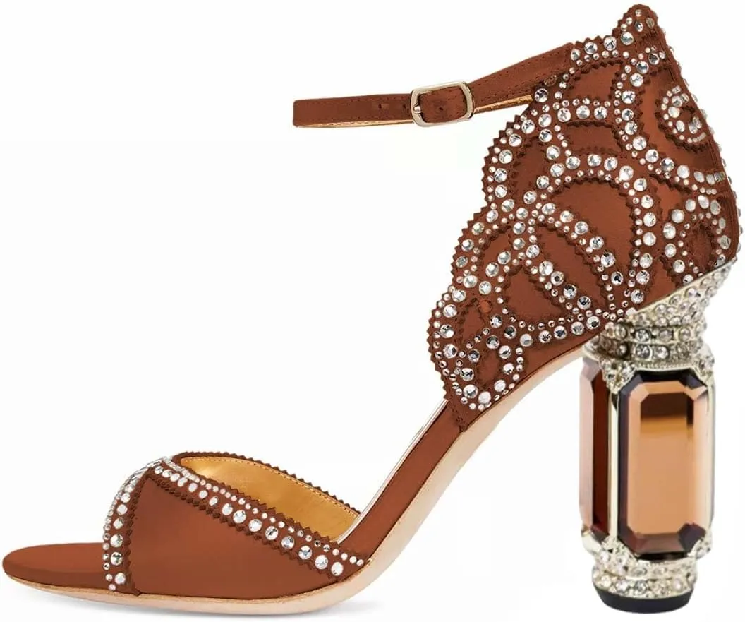 XYD Women Bridal Evening Heels Open Toe Rhinestone Studs Block High Heeled Sandals Ankle Strap Elegant Shoes for Wedding Party Dinner