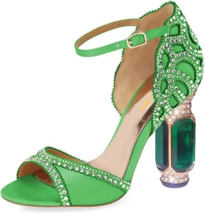 XYD Women Bridal Evening Heels Open Toe Rhinestone Studs Block High Heeled Sandals Ankle Strap Elegant Shoes for Wedding Party Dinner