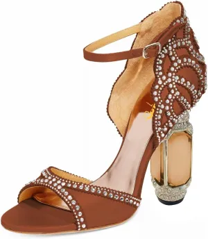 XYD Women Bridal Evening Heels Open Toe Rhinestone Studs Block High Heeled Sandals Ankle Strap Elegant Shoes for Wedding Party Dinner