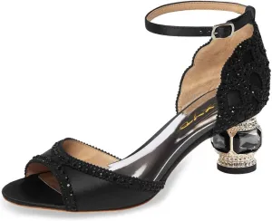 XYD Women Bridal Evening Heels Peep Toe Rhinestone Studs Block Low Heeled Sandals Ankle Strap Elegant Shoes for Wedding Party Dinner