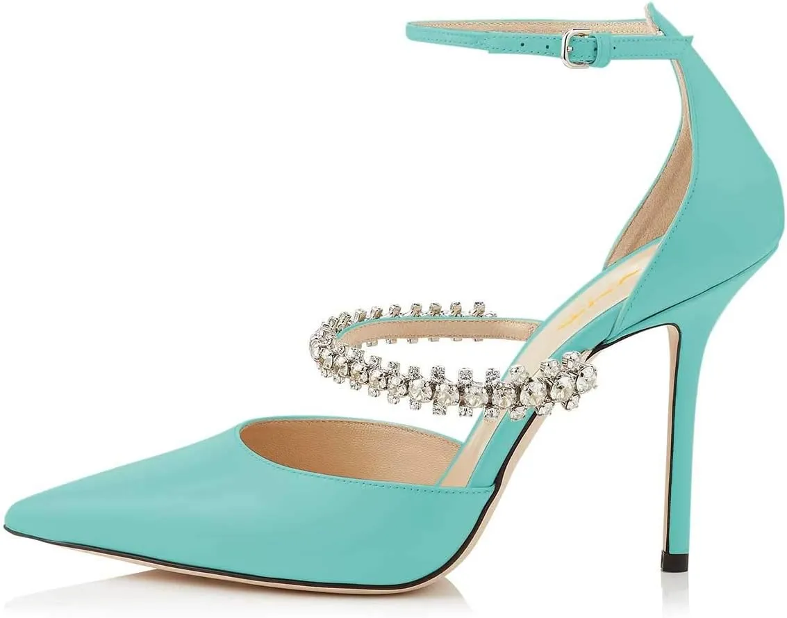 XYD Women Elegant Pointed Toe Ankle Strap Pumps Stiletto High Heels Wedding Bride Dress Shoes with Rhinestones Strap