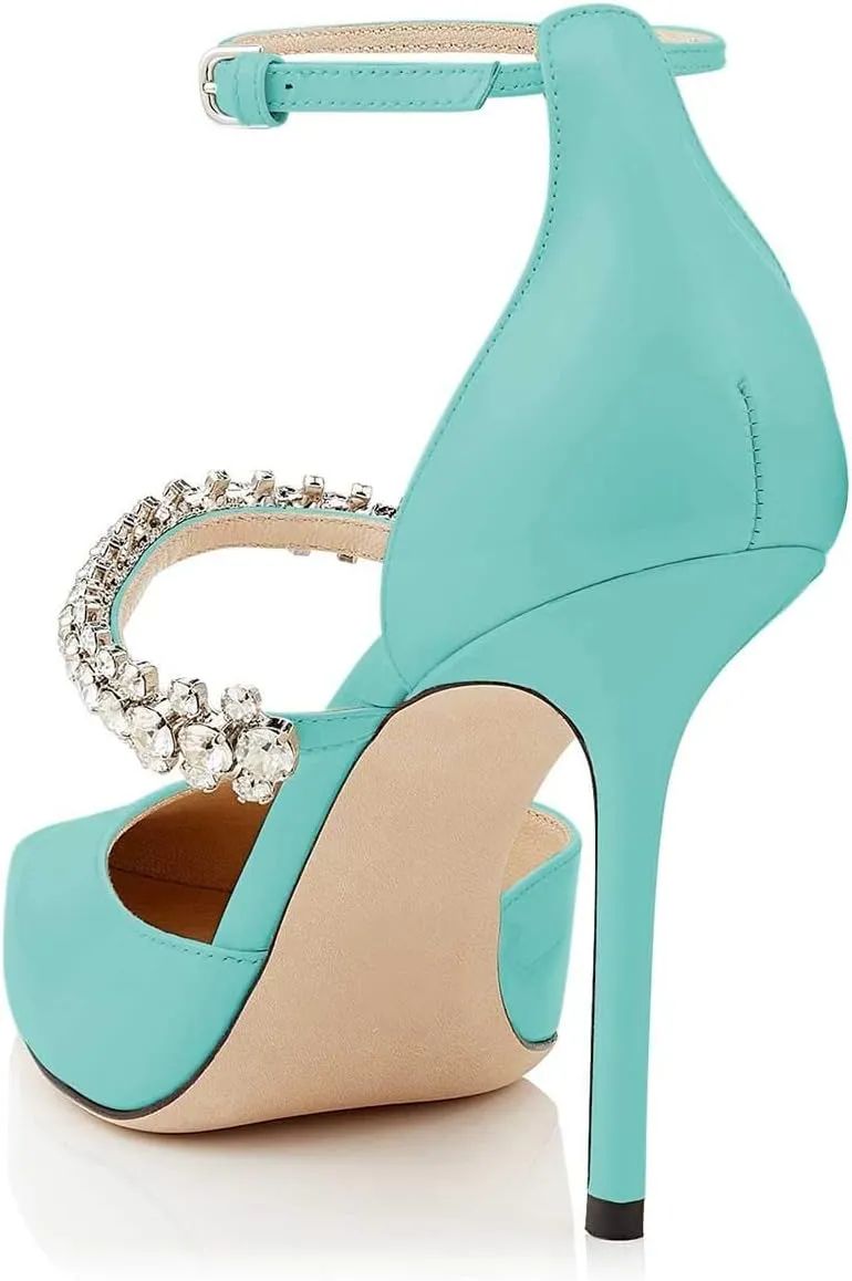 XYD Women Elegant Pointed Toe Ankle Strap Pumps Stiletto High Heels Wedding Bride Dress Shoes with Rhinestones Strap