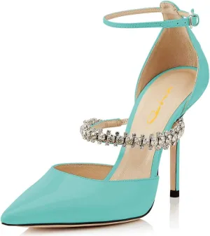 XYD Women Elegant Pointed Toe Ankle Strap Pumps Stiletto High Heels Wedding Bride Dress Shoes with Rhinestones Strap