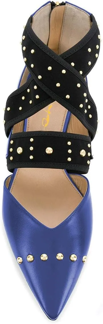 XYD Women Pointed Toe Crisscross Strap Studded Flats Elastic Strappy D'Orsay Ballet Shoes with Zip