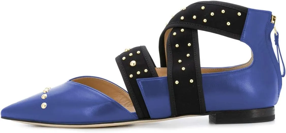 XYD Women Pointed Toe Crisscross Strap Studded Flats Elastic Strappy D'Orsay Ballet Shoes with Zip