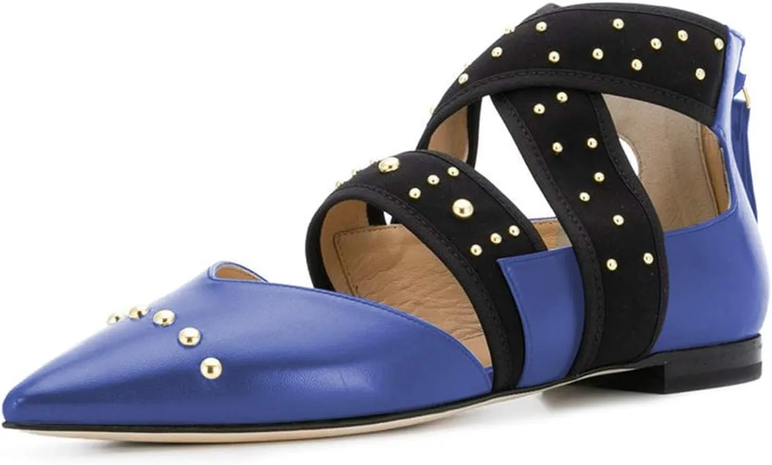 XYD Women Pointed Toe Crisscross Strap Studded Flats Elastic Strappy D'Orsay Ballet Shoes with Zip
