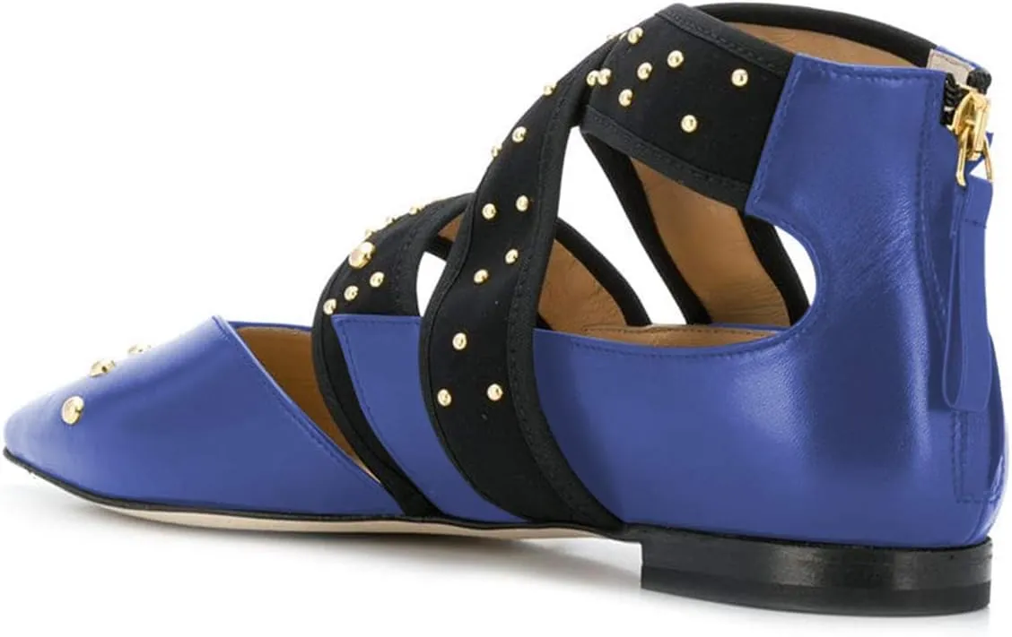 XYD Women Pointed Toe Crisscross Strap Studded Flats Elastic Strappy D'Orsay Ballet Shoes with Zip