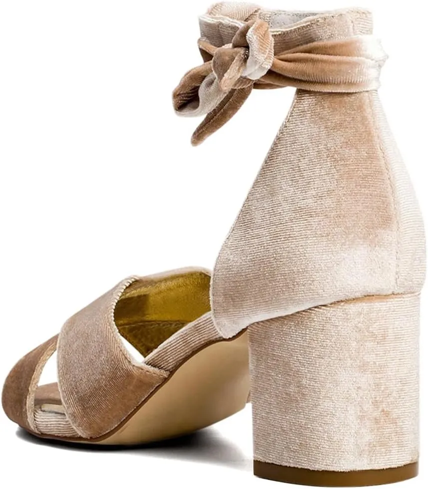 XYD Women Velvet Block Heel Dress Sandals Open Toe Ankle Strap Tie-up Pumps Dating Wedding Summer Shoes