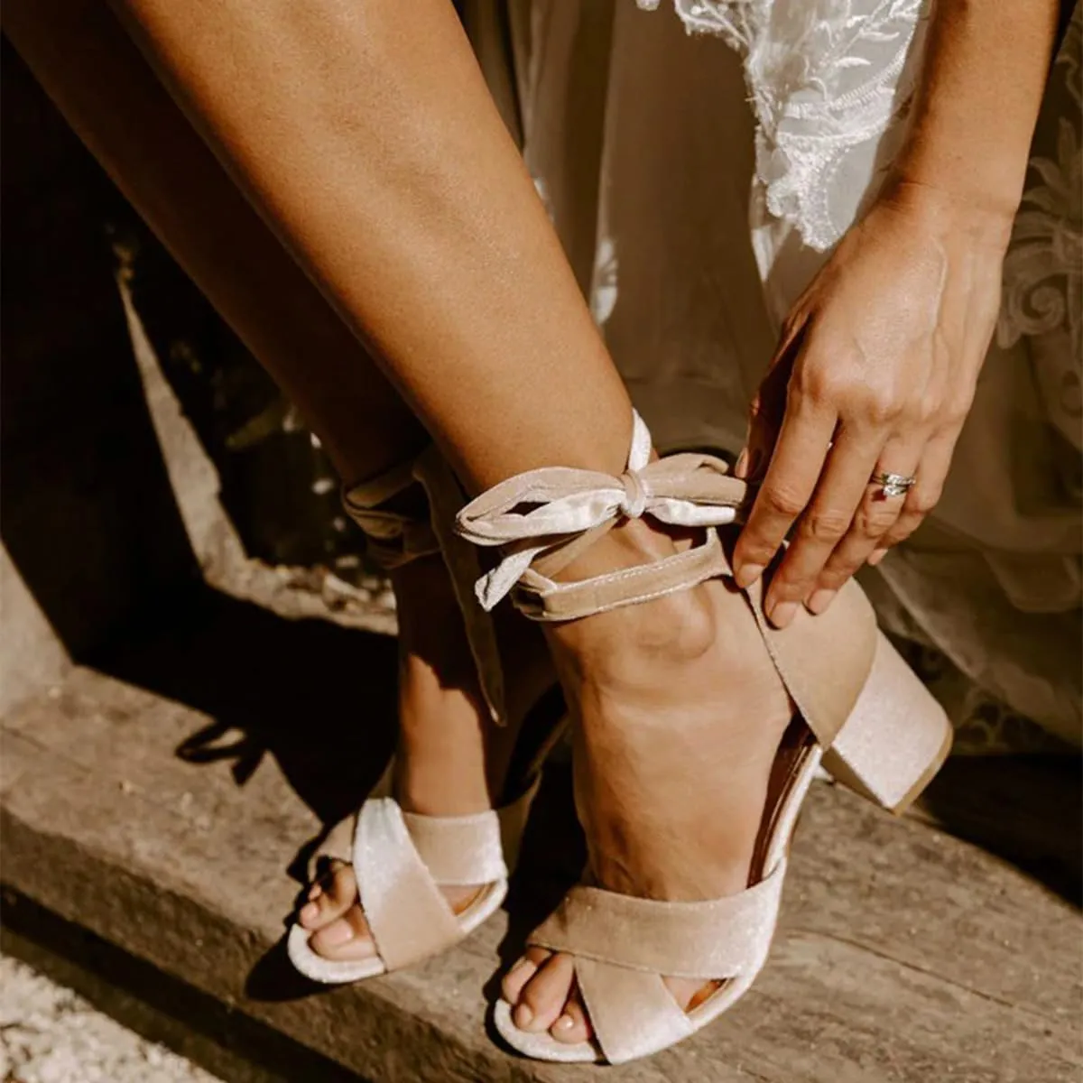 XYD Women Velvet Block Heel Dress Sandals Open Toe Ankle Strap Tie-up Pumps Dating Wedding Summer Shoes