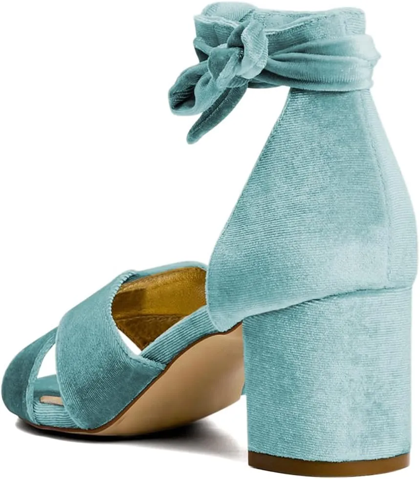 XYD Women Velvet Block Heel Dress Sandals Open Toe Ankle Strap Tie-up Pumps Dating Wedding Summer Shoes
