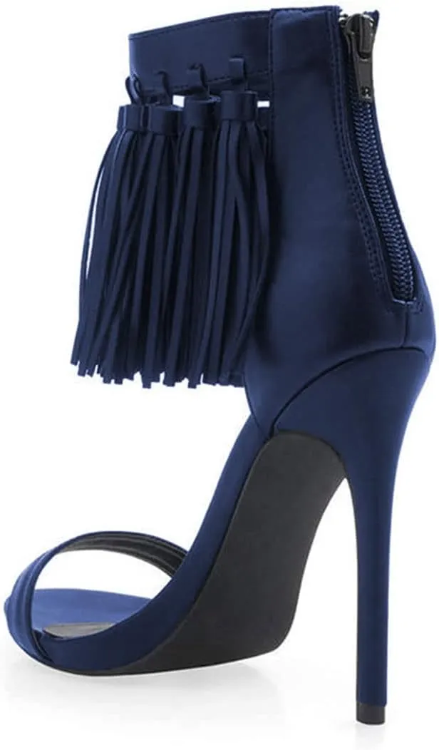 YDN Women's Open Toe Stiletto High Heel Sandals Fringe Tassel Ankle Strap with Back Zipper Elegant Party Dress Prom Shoes Size 4-15 US