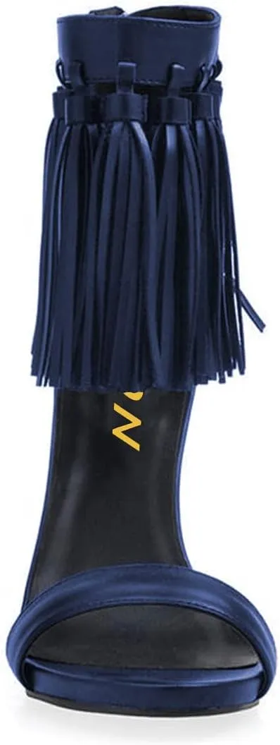 YDN Women's Open Toe Stiletto High Heel Sandals Fringe Tassel Ankle Strap with Back Zipper Elegant Party Dress Prom Shoes Size 4-15 US