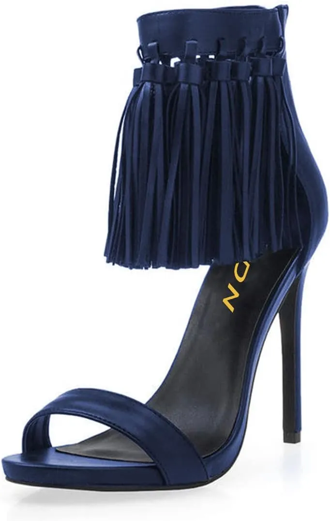 YDN Women's Open Toe Stiletto High Heel Sandals Fringe Tassel Ankle Strap with Back Zipper Elegant Party Dress Prom Shoes Size 4-15 US
