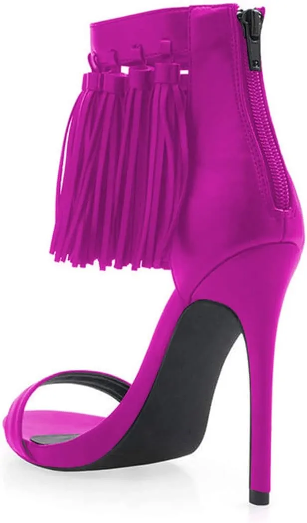 YDN Women's Open Toe Stiletto High Heel Sandals Fringe Tassel Ankle Strap with Back Zipper Elegant Party Dress Prom Shoes Size 4-15 US